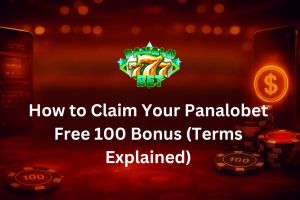 Promotional banner with a dark red background showing casino chips and a mobile phone, featuring text that reads "How to Claim Your Panalobet Free 100 Bonus (Terms Explained)" beneath a green "Panalo Bet" logo with golden lucky sevens.