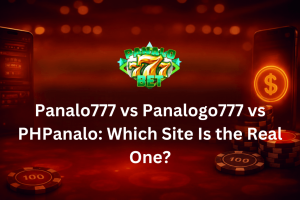 Promotional banner with a dark red background showing casino chips and a mobile phone, featuring text that reads "Panalo777 vs Panalogo777 vs PHPanalo: Which Site Is the Real One?" beneath a green "Panalo Bet" logo with golden lucky sevens.